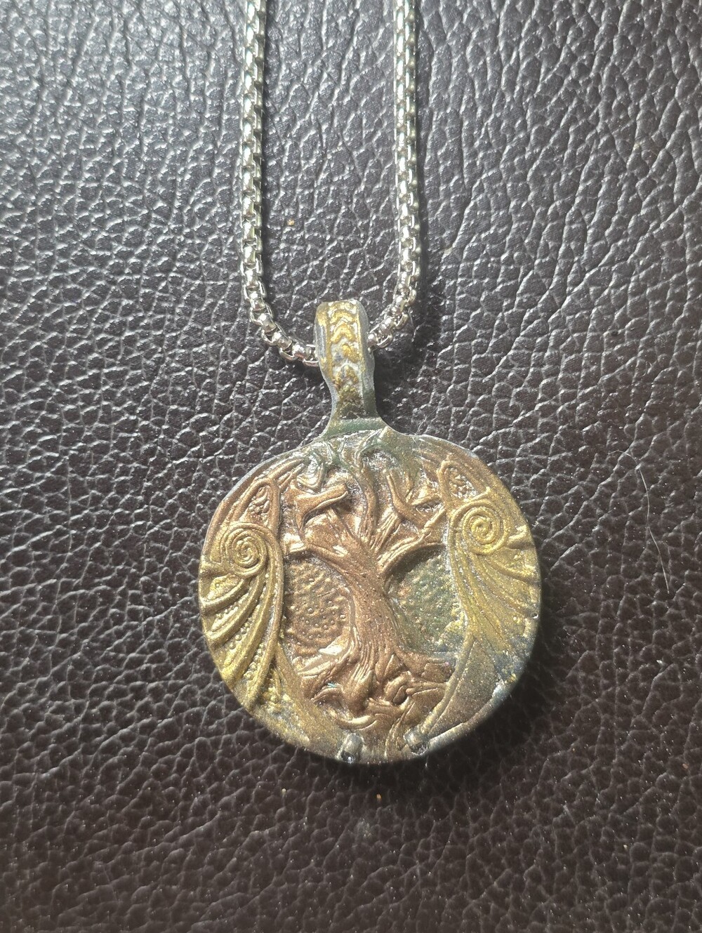Bronze Resin Tree Of Life Pendant On Silver Tone Chain Necklace